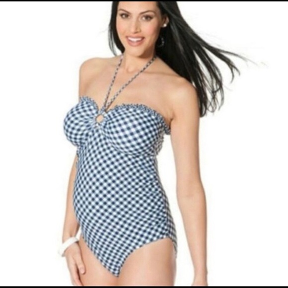 MOTHERHOOD Maternity Navy Blue Plaid Bathing Suit - Picture 2 of 4